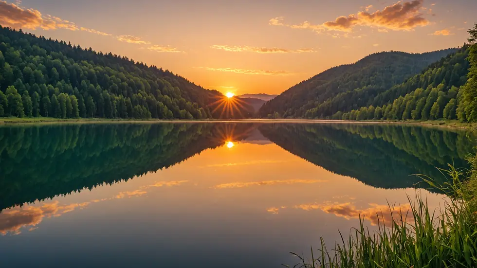 Close-up view of a vibrant sunrise over a calm lake