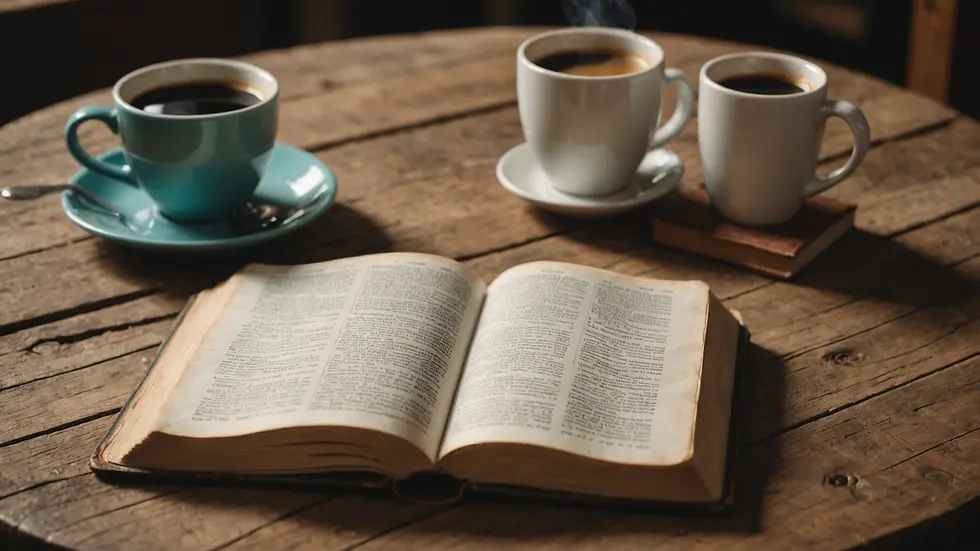 Eye-level view of an open Bible with a cup of coffee on a rustic table