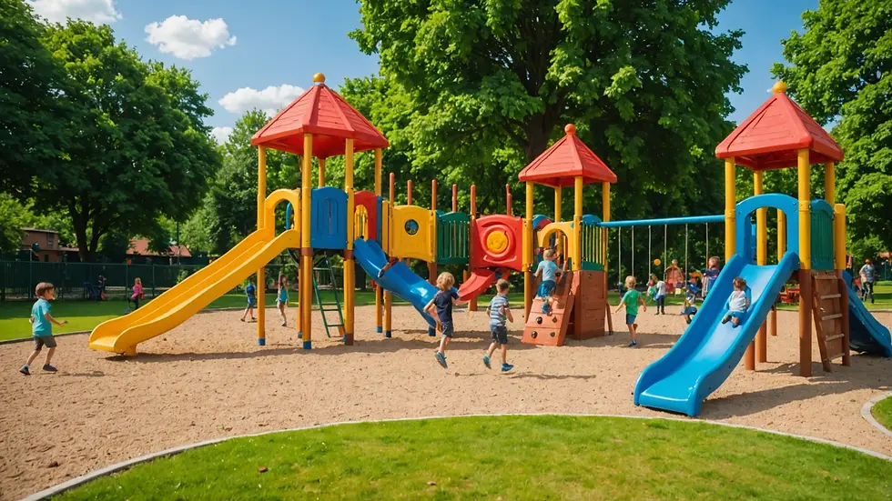 Wide angle view of a playground with children playing responsibly