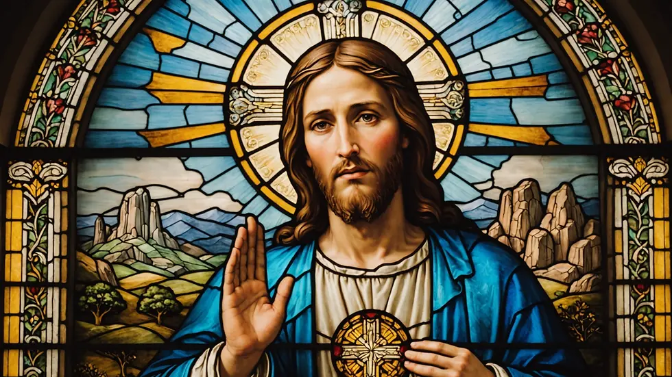Eye-level view of stained glass window depicting Jesus's teachings about forgiveness