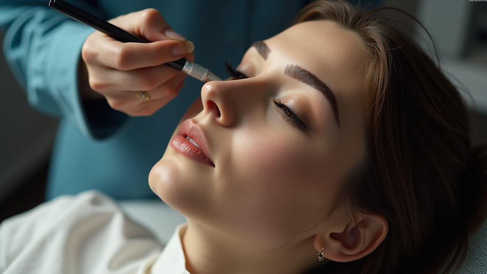 High angle view of a microblading session in progress