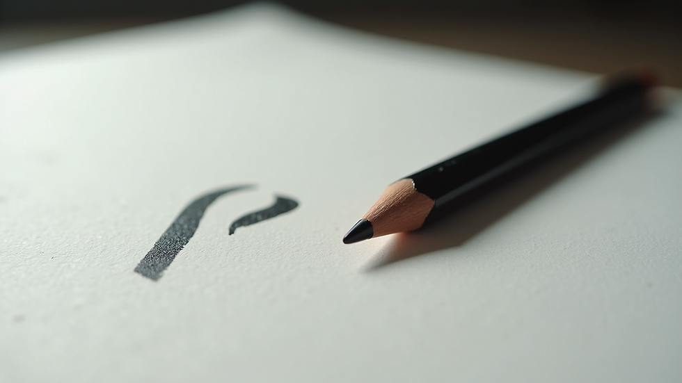 Eye-level view of a pencil measuring brow shape on a plain surface