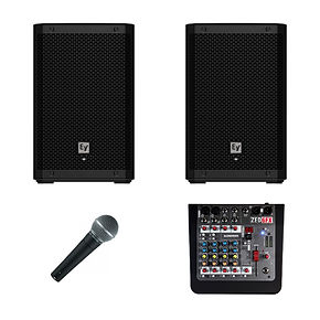 PA System Hire Brisbane. Skylark Hire. Mixer and Microphone with Speakers