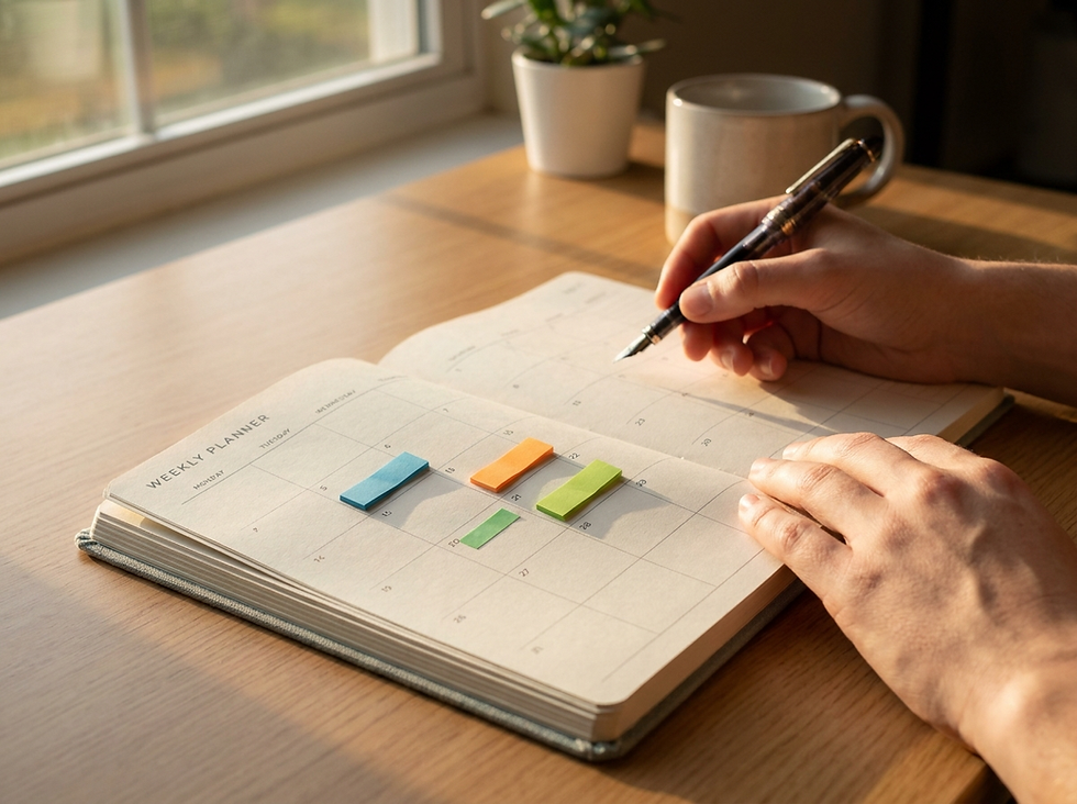 Professional consulting a weekly planner with coloured sticky notes — finding the right optimisation rhythm for Google Ads campaigns