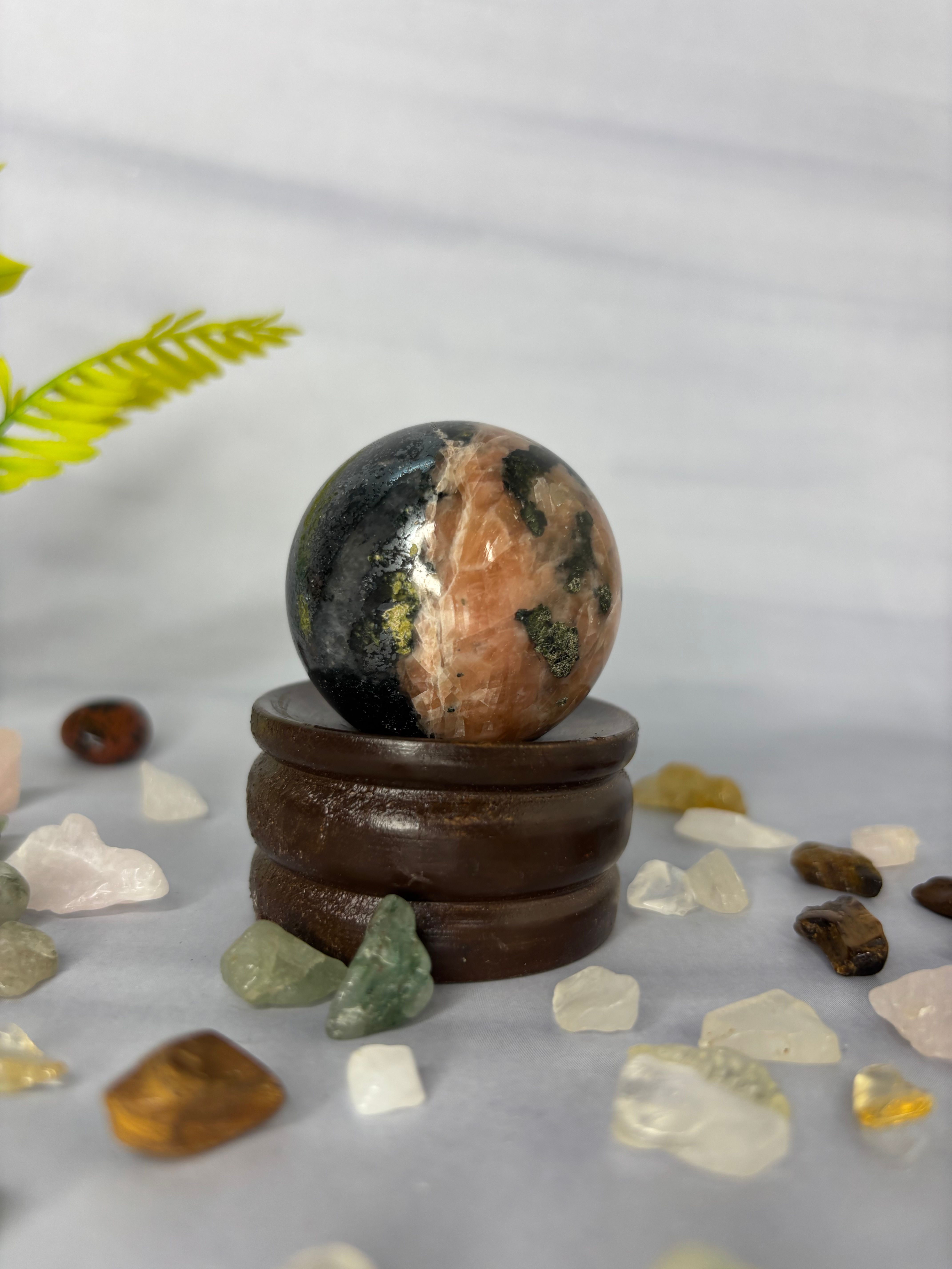 Hematite with Peach Moonstone Sphere