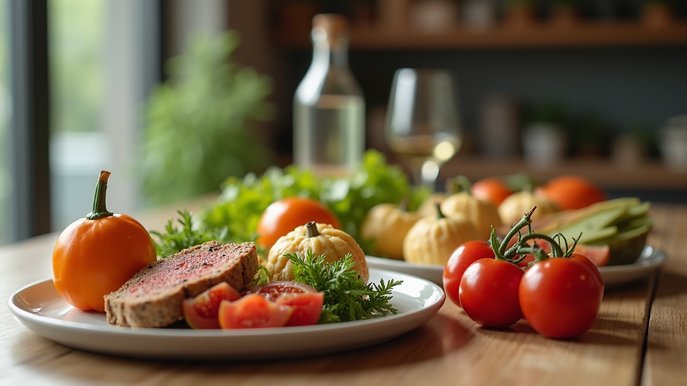 Vista de una mesa con alimentos saludables y coloridos