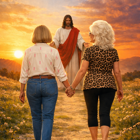 Two elderly women walk hand-in-hand toward Jesus along a flower-lined path at sunrise and sunset. One wears a tucked silk blouse with pink breast cancer ribbons and blue jeans; the other wears a leopard-print top, black capri leggings, and leopard heels. Jesus stands ahead with open arms beneath a radiant sky.