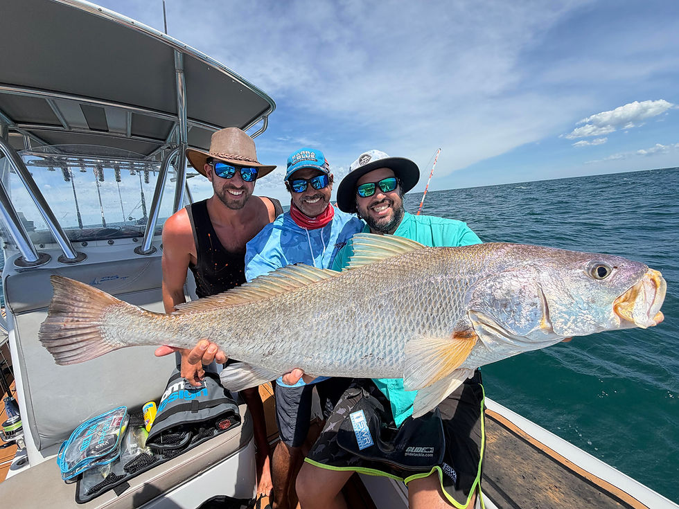 Left to right: Fero, Skipper Kurt Williamson and a beaming Marco Soldini after he landed his trophy black jew fishing with Barra or Blue Fishing Charters on the Dundee artificial reef.