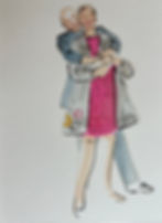 Illustration of a couple hugging by the lady in town