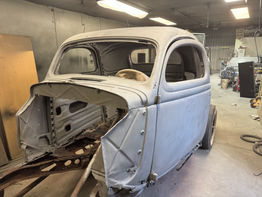 Classic car body in a workshop, Ford 3 Window Coupe photos, metal work.