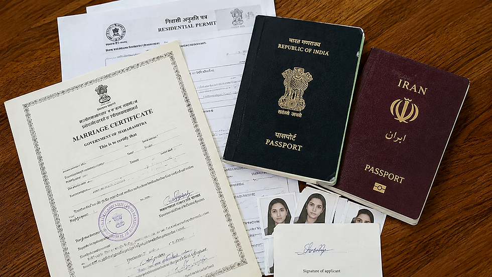 Eye-level view of Indian passport and foreign passport side by side on a wooden table