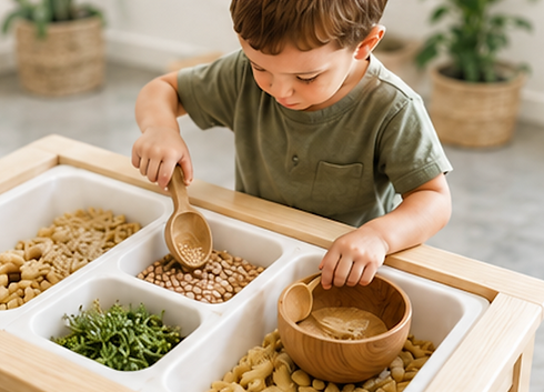 boy doing sensory play with beans