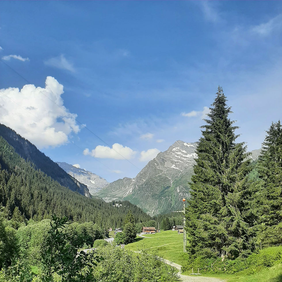 Auszeit im Maderanertal - Blick auf die Alp Stössi, das Hotel Maderanertal und den Gross Düssi