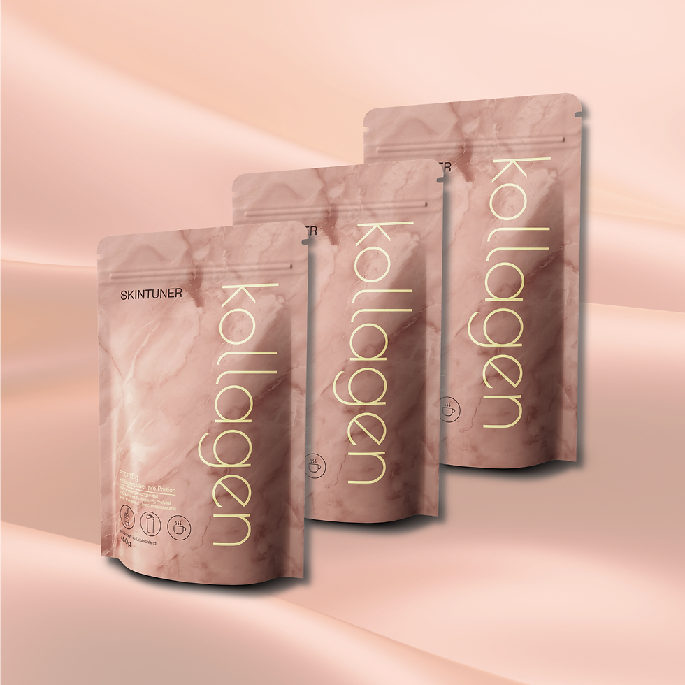 Kollagenpulver Glow Effekt, Tüte auf 3D animiertem Hintergrund