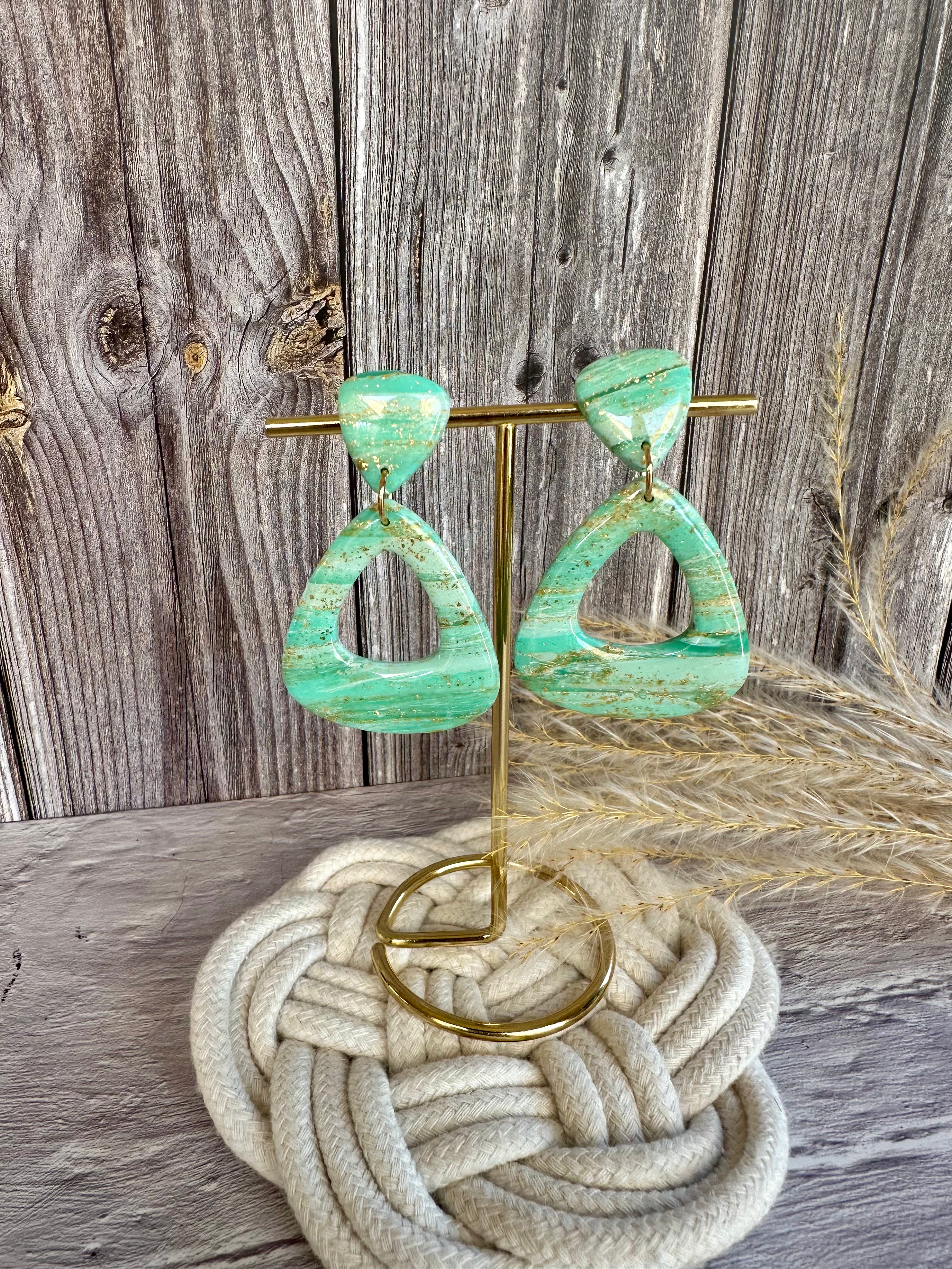 Boucles d’oreilles Triangle rétro vert d’eau doré faites main