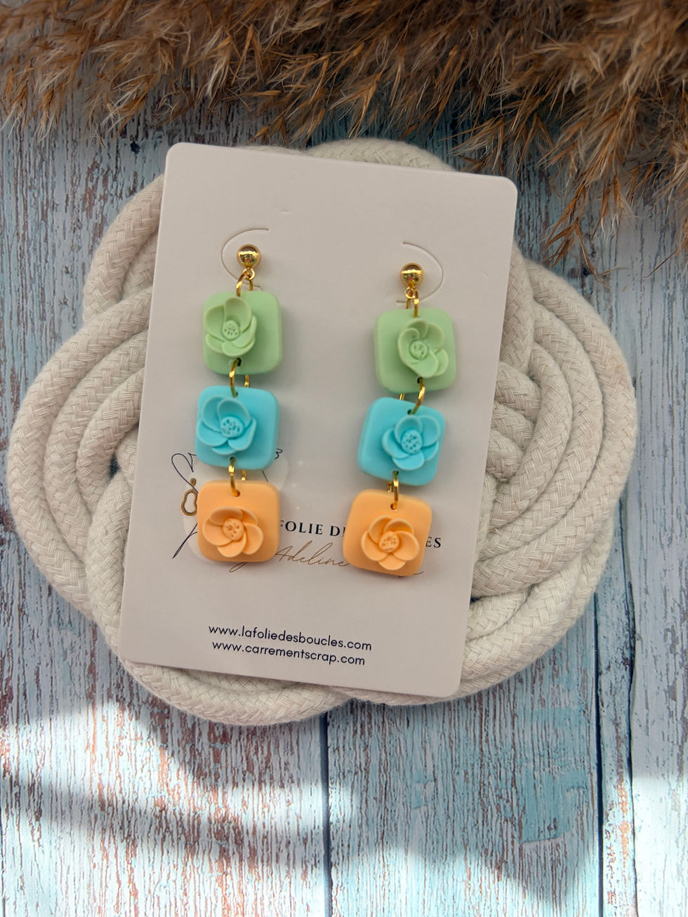 Miniature : 🌸💙 Boucles d’oreilles Florales Pastel – Vert, bleu & pêche |Création artisanal