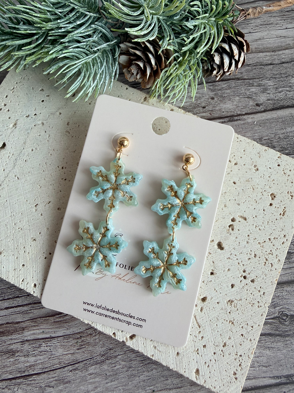 "Boucles d'oreilles bleues irisée flocons fait main pâte polymère résine UV bijoux Noël"