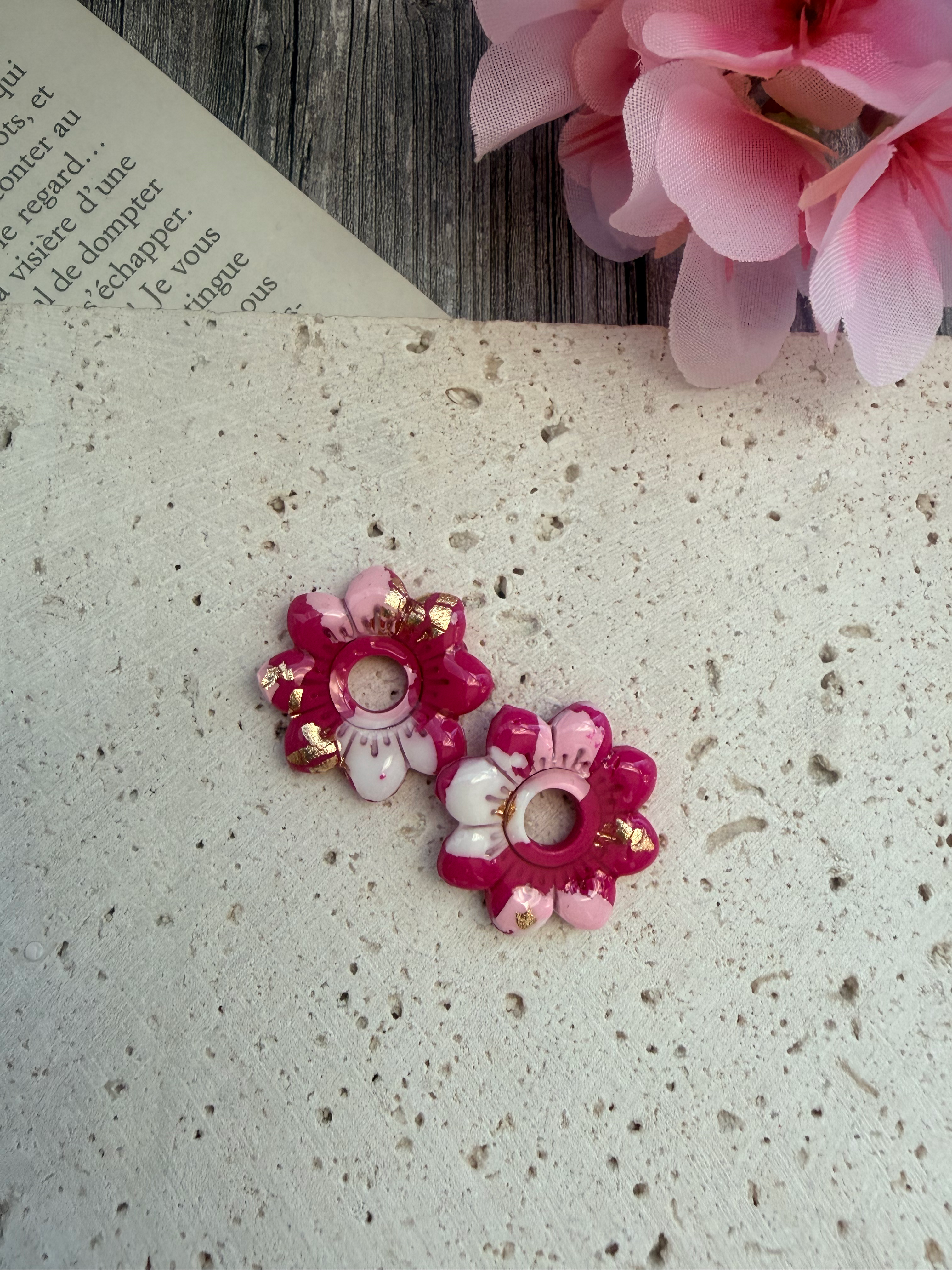 🌸 Pampilles interchangeables fleur multi-pétales rose fuchsia, rose clair & bla