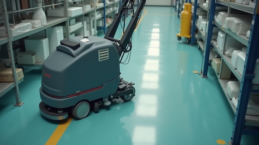 high angle view of a cleaning machine working on an industrial floor