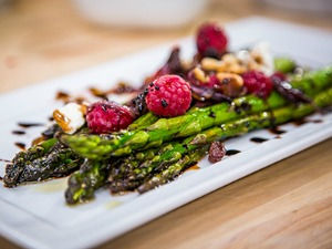 Pine-Nut-Asparagus-With-Raspberry-Balsamic-Glaze