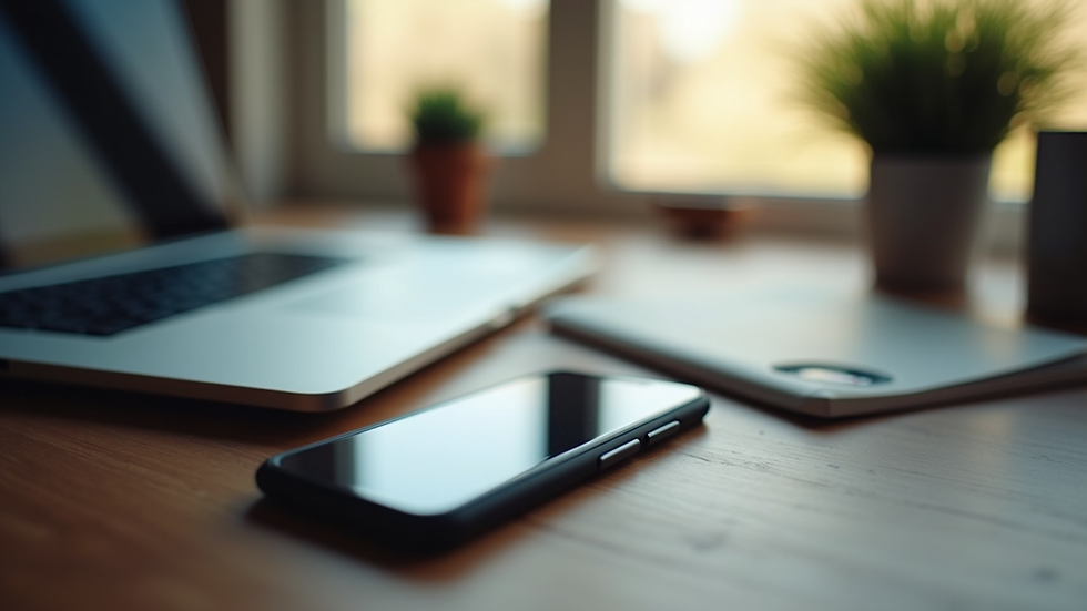 Eye-level view of a laptop and smartphone on a wooden desk