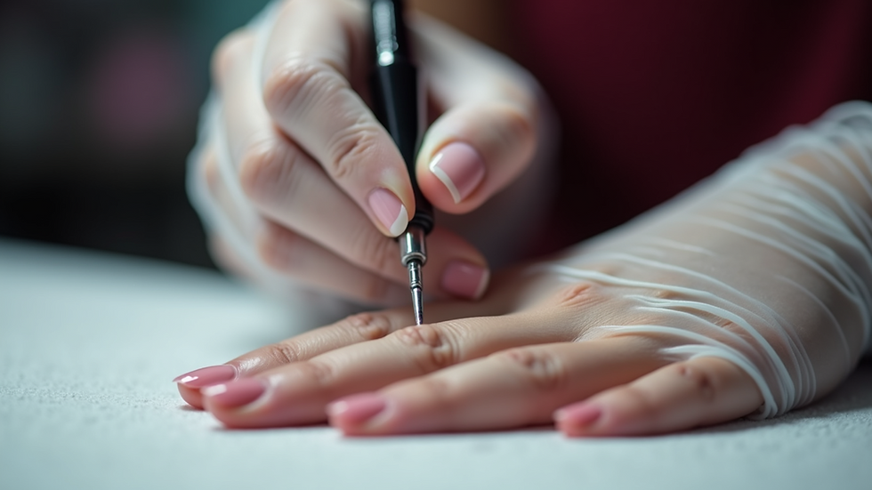 Close-up view of a nail technician applying gel polish