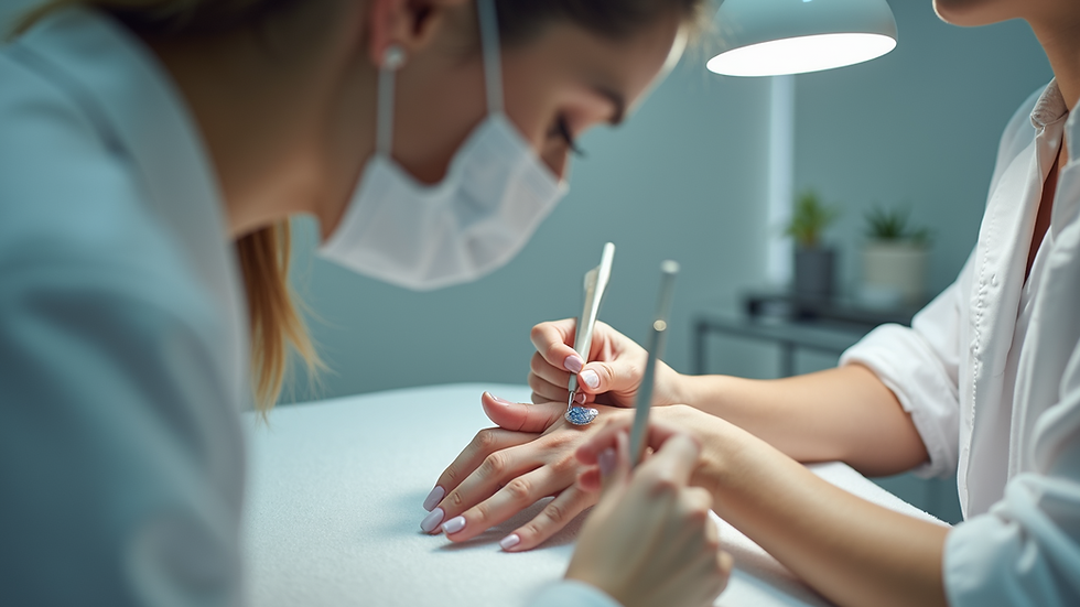 Eye-level view of a nail technician applying artificial nails in a clean salon