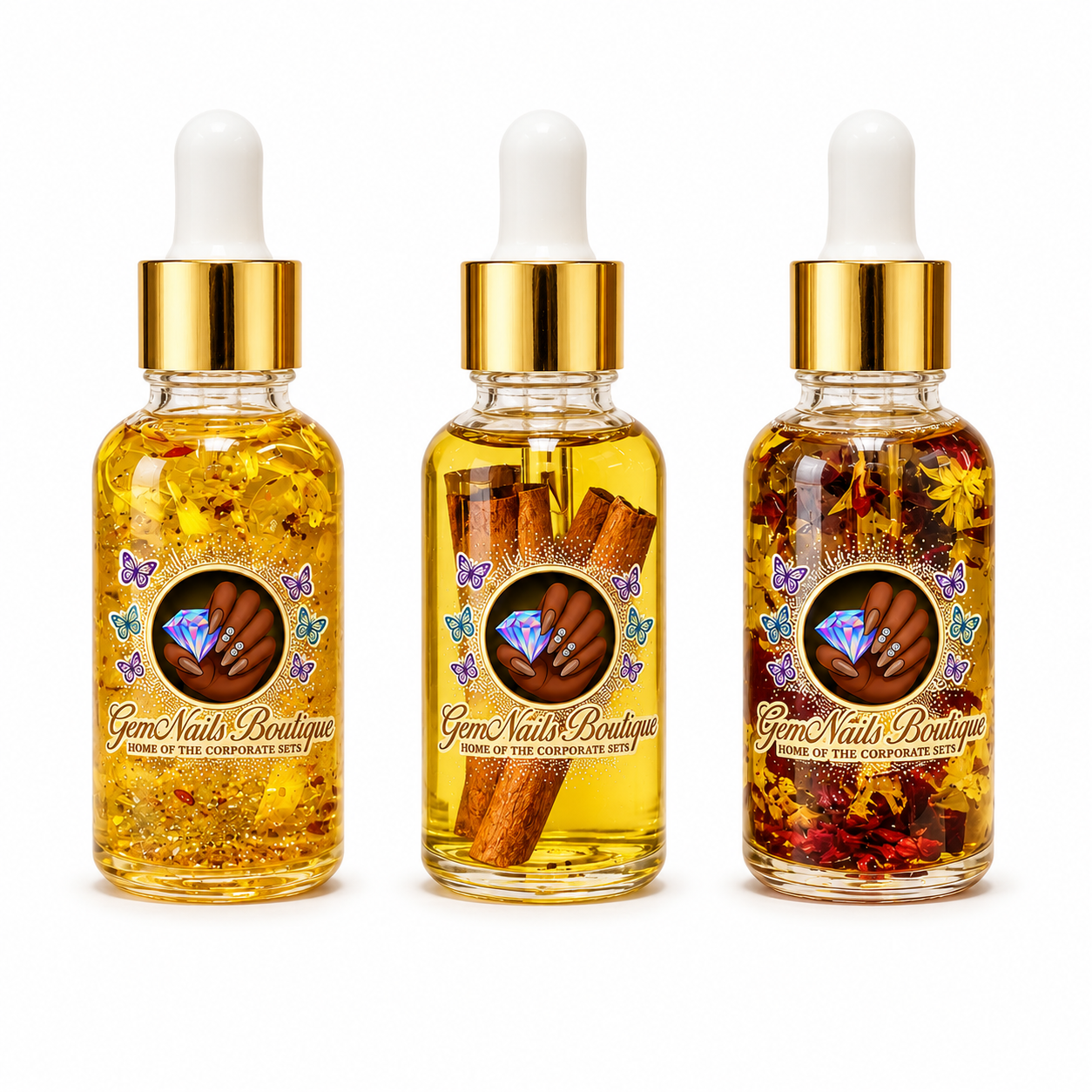 Three bottles filled with nail oils