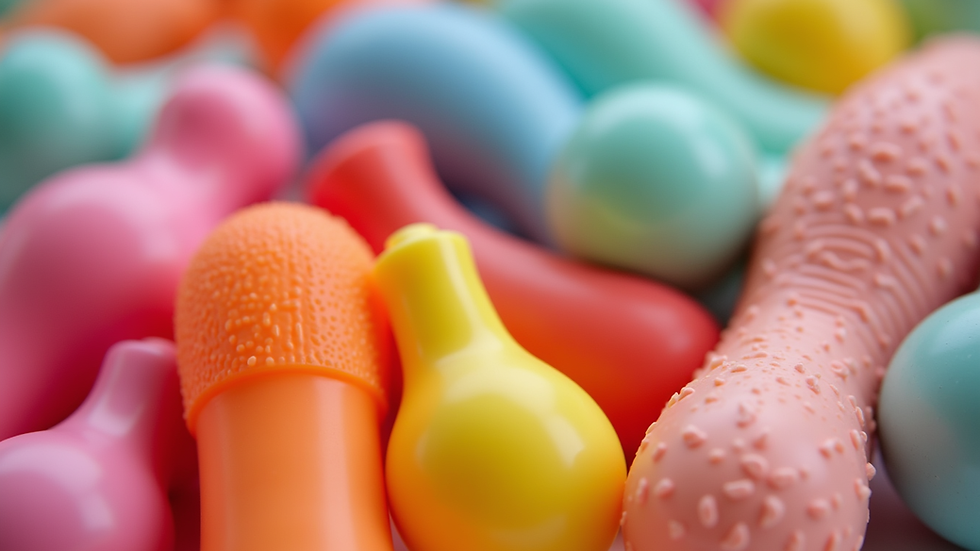Close-up view of a variety of colorful silicone sex toys arranged neatly