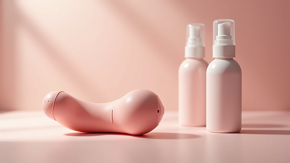 Eye-level view of a silicone vibrator next to a cleaning spray
