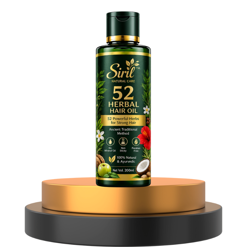 Siril 52 Herbal Hair Oil on a podium shelf