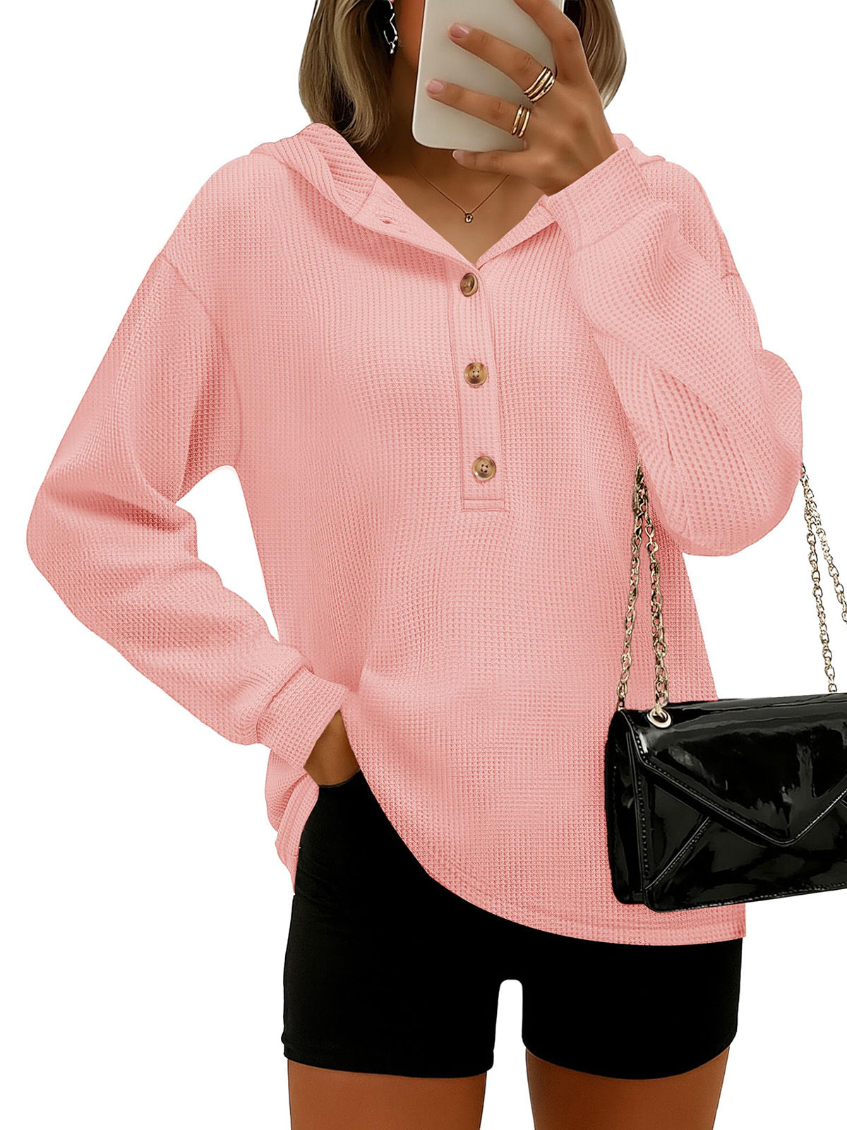 Moletom feminino com capuz de malha waffle, TacVasen, pulôver