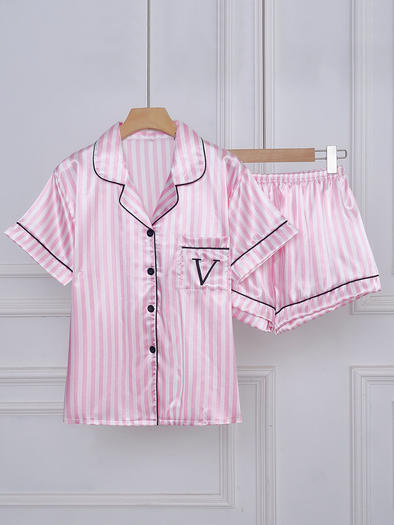 Pijama feminino, conjunto bordado com bolso, manga curta e shorts