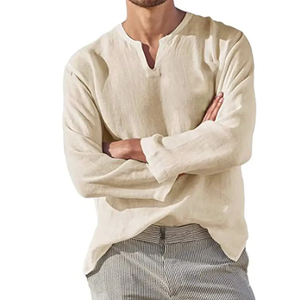 Camisa de linho e algodão, masculina, com decote em v.