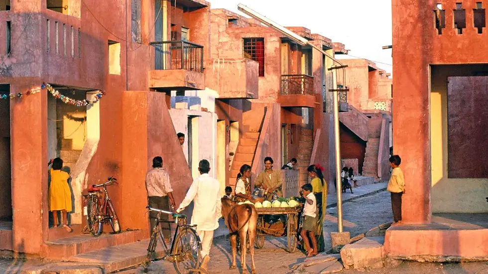 Aranya Low Cost Housing, Indore: A sustainable, community-focused affordable housing project designed by architect B.V. Doshi.