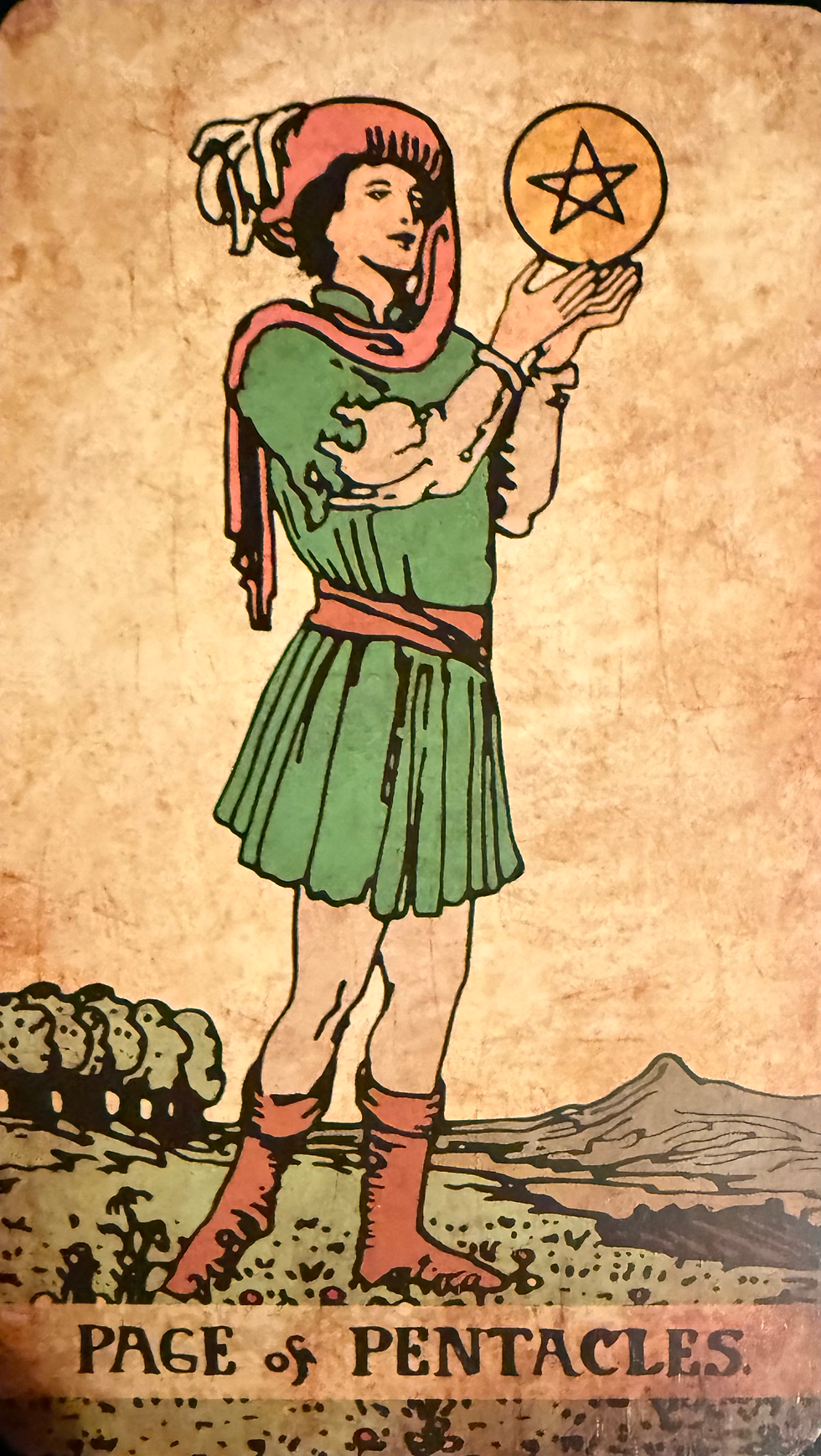Page of Pentacles - Enter a phase of manifestation where new opportunities arise, requiring diligent effort to turn ideas into reality with Leo’s innovative vibe.