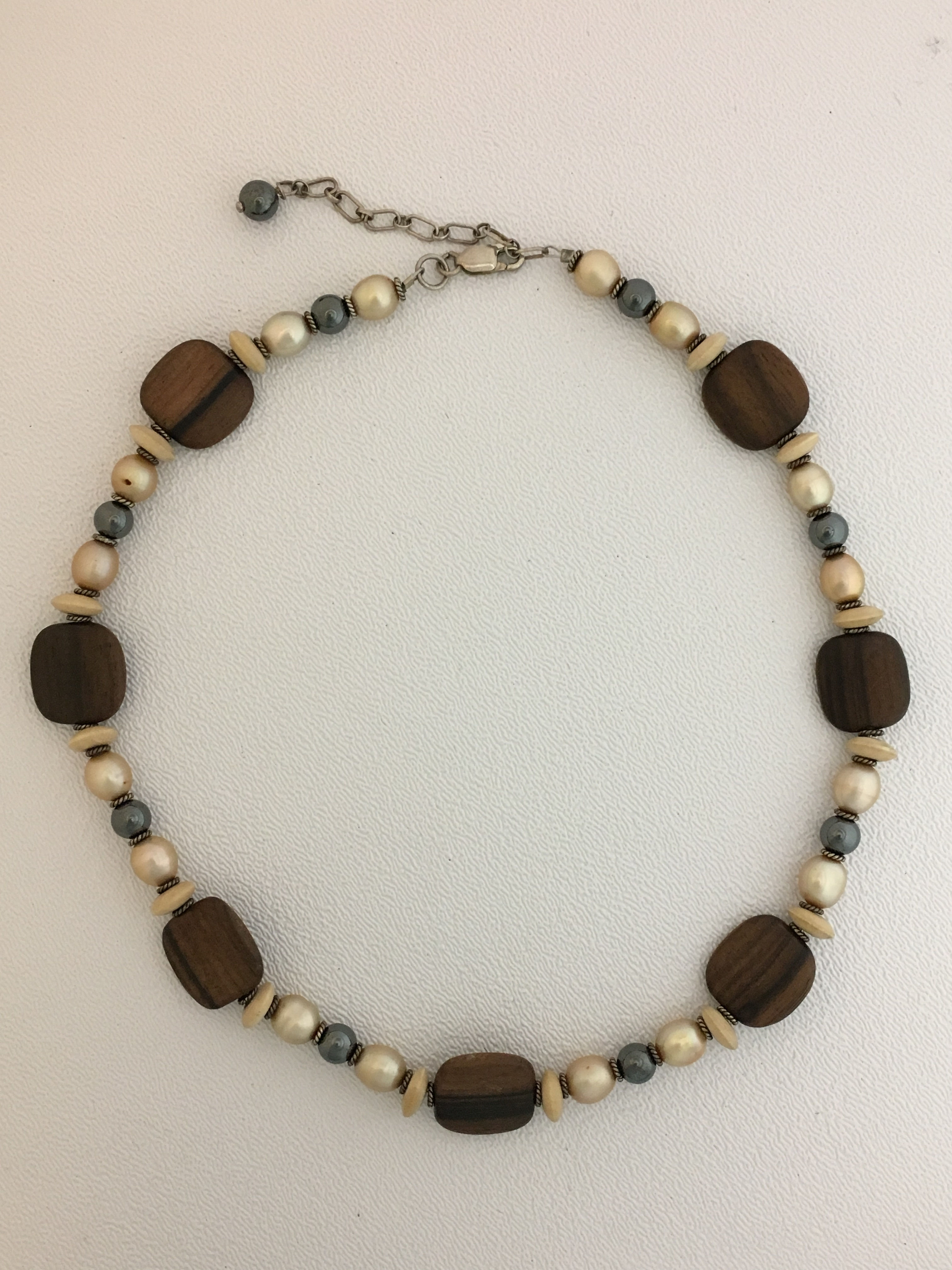 925, Pearl, Hematite & Wood 16" Necklace with 2" Extender