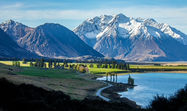 The mountains, the lake, the lodge from afar.  Beautiful secluded lodge in NZ