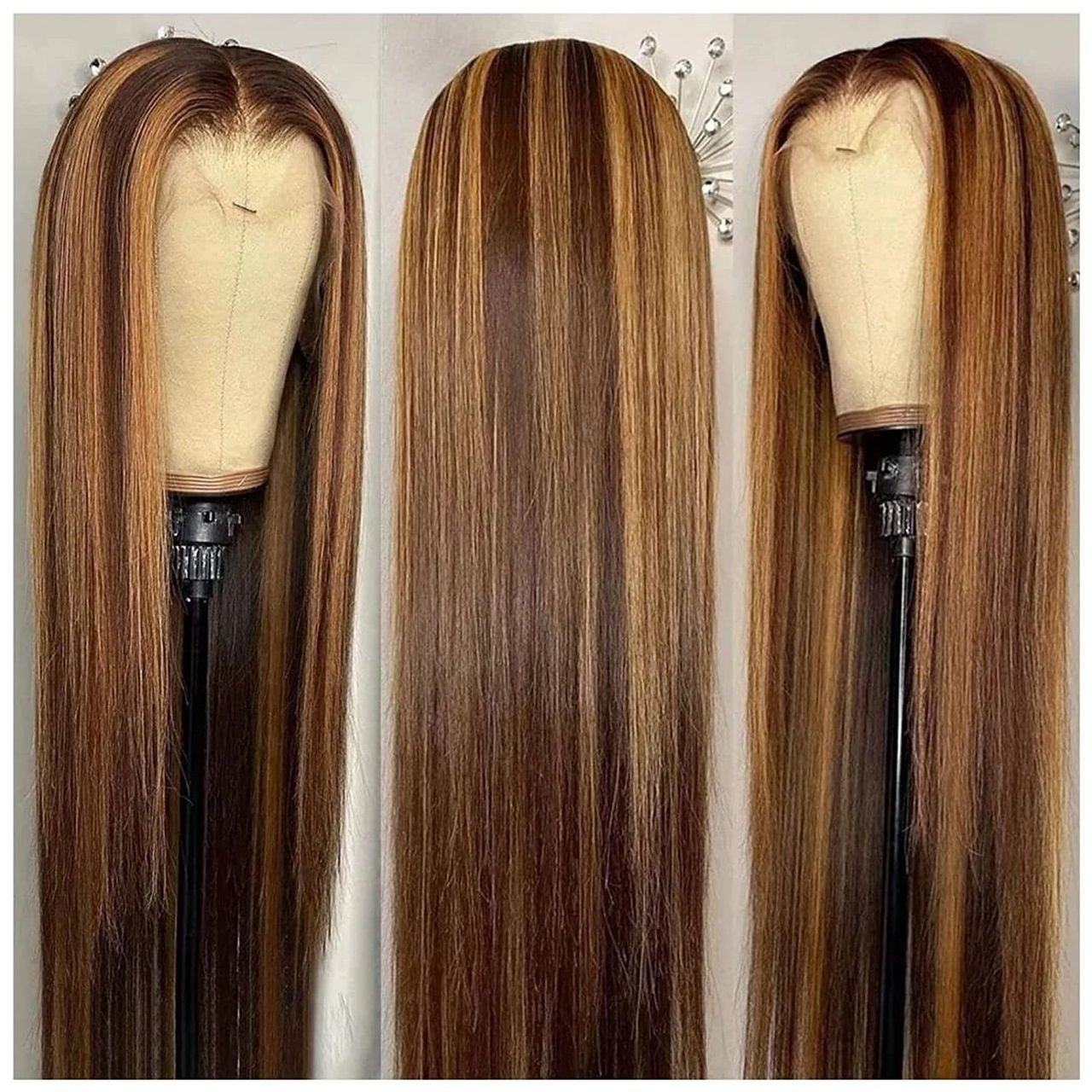 100% Human Hair Honey Blonde Highlight Straight Wig