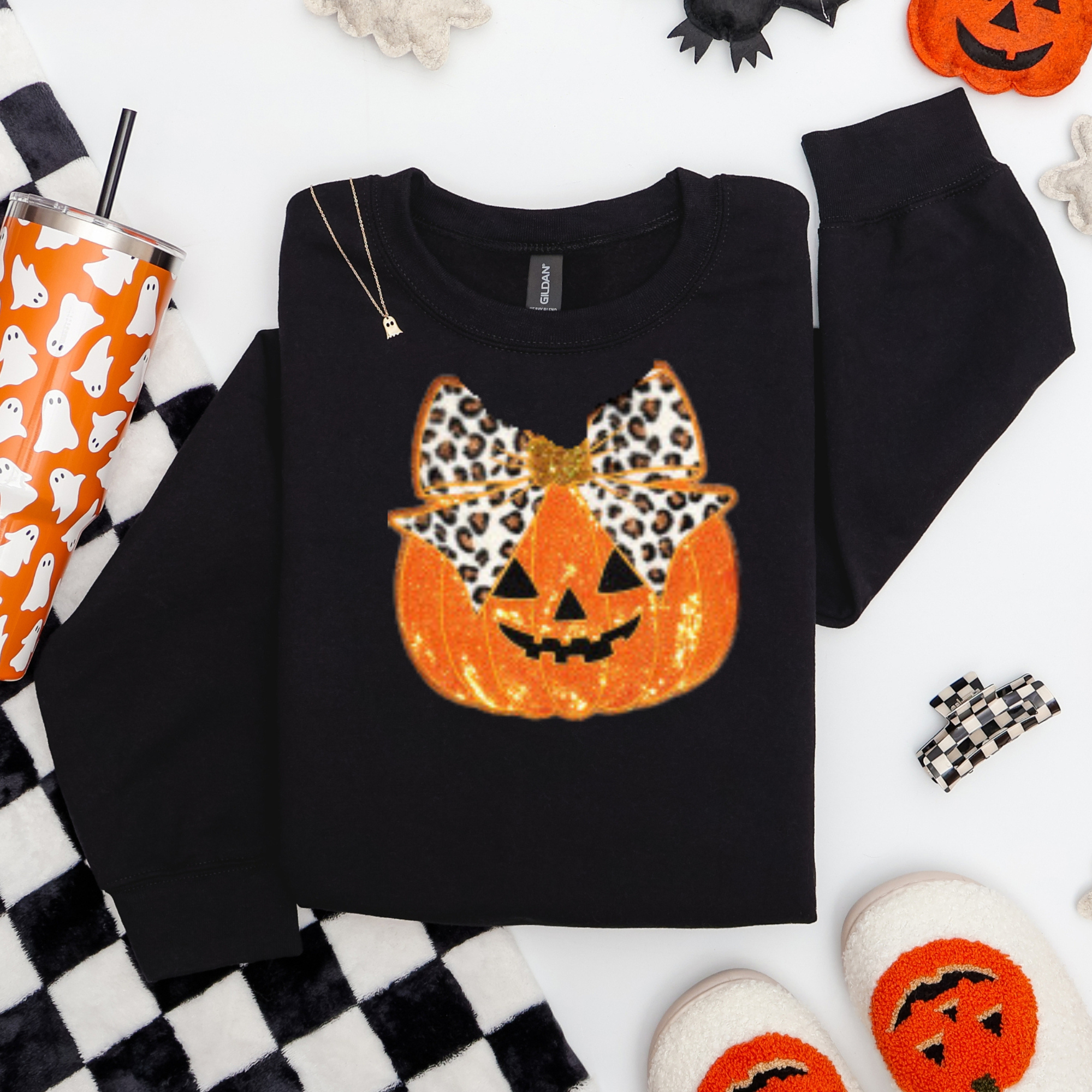 Leopard Bow Pumpkin Sequin Chenille Sweatshirt