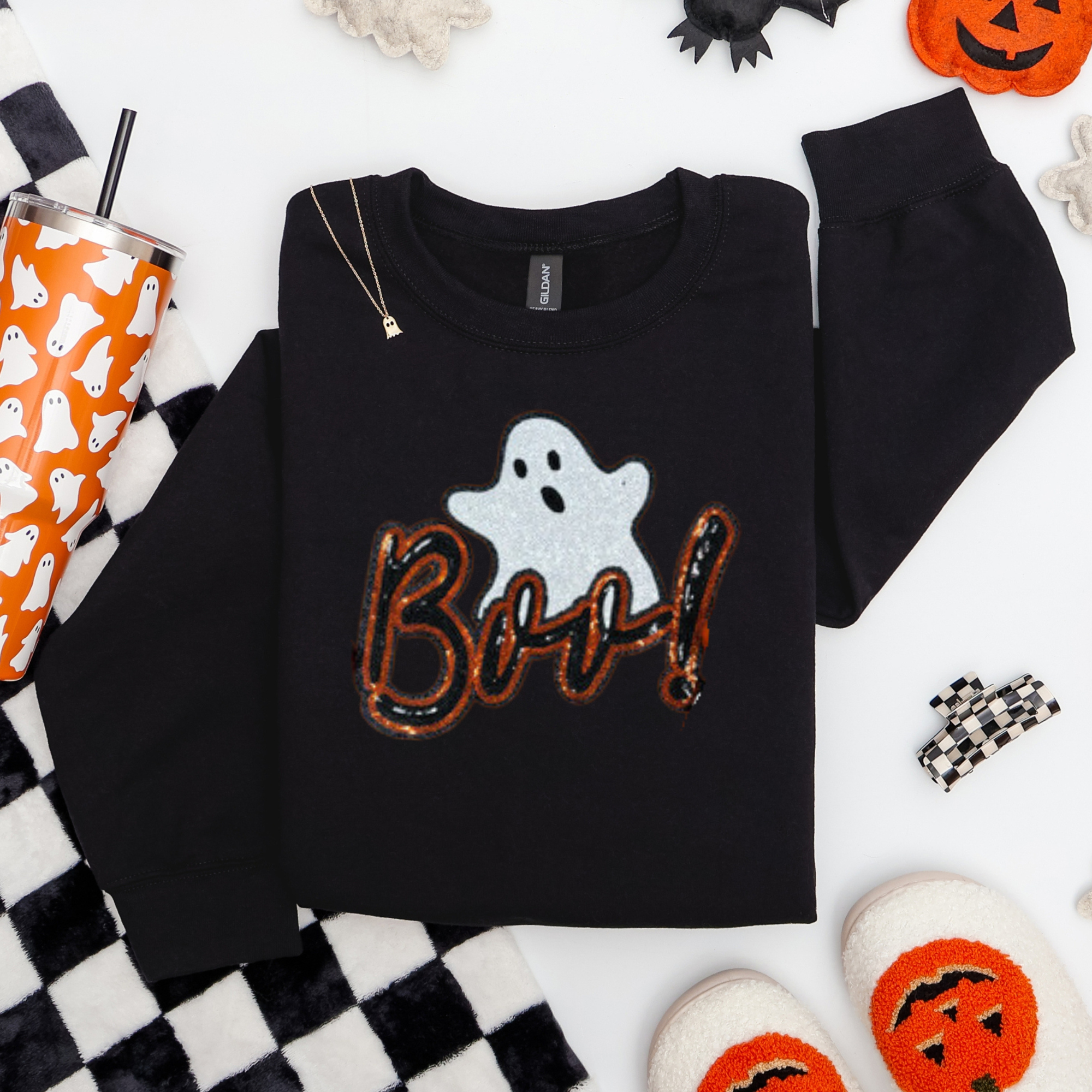 BOO Ghost Sequins Black and Orange Chenille Sweatshirt