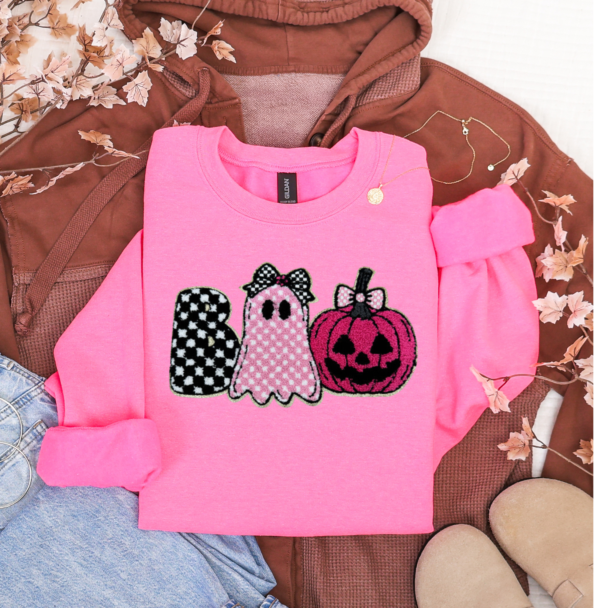 Checkered Ghost & Pumpkin BOO Chenille Sweatshirt