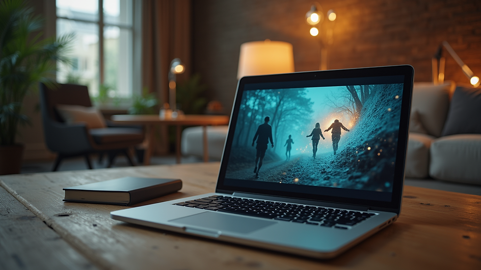Eye-level view of a laptop showing a digital storytelling presentation