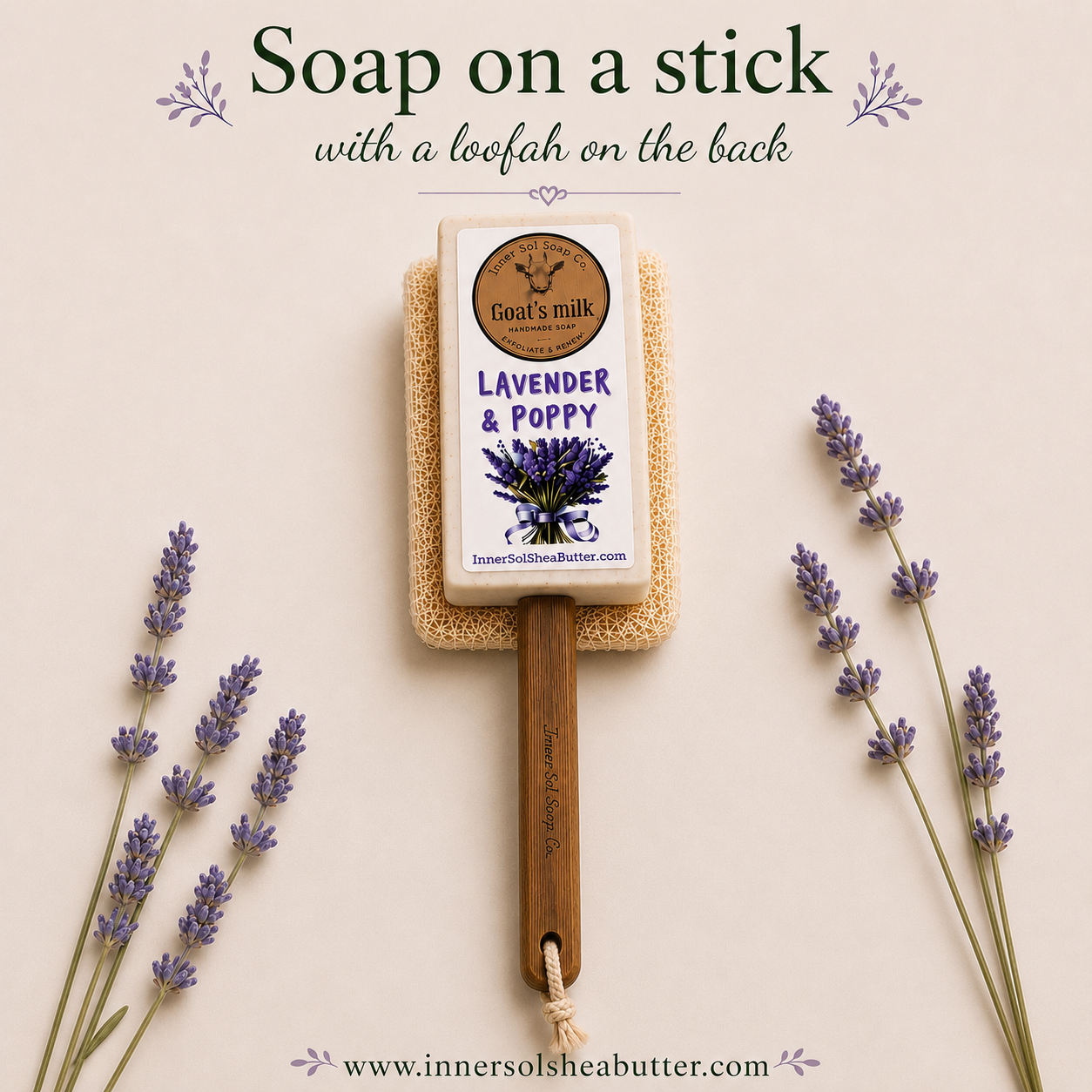Lavender Goats milk Soap on a stick with loofah