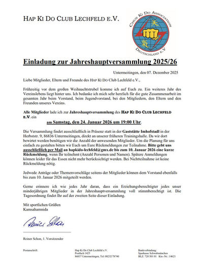 Einladung zur Jahreshauptversammlung 2026 - HapKiDo Lechfeld e.V.