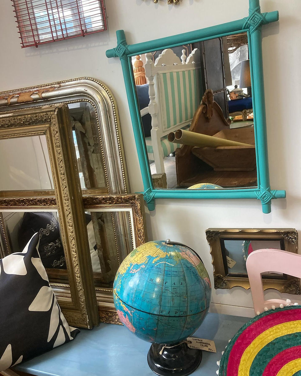 Thumbnail: VINTAGE  TURQUOISE PAINTED TIMBER & RATTAN FRAMED MIRROR