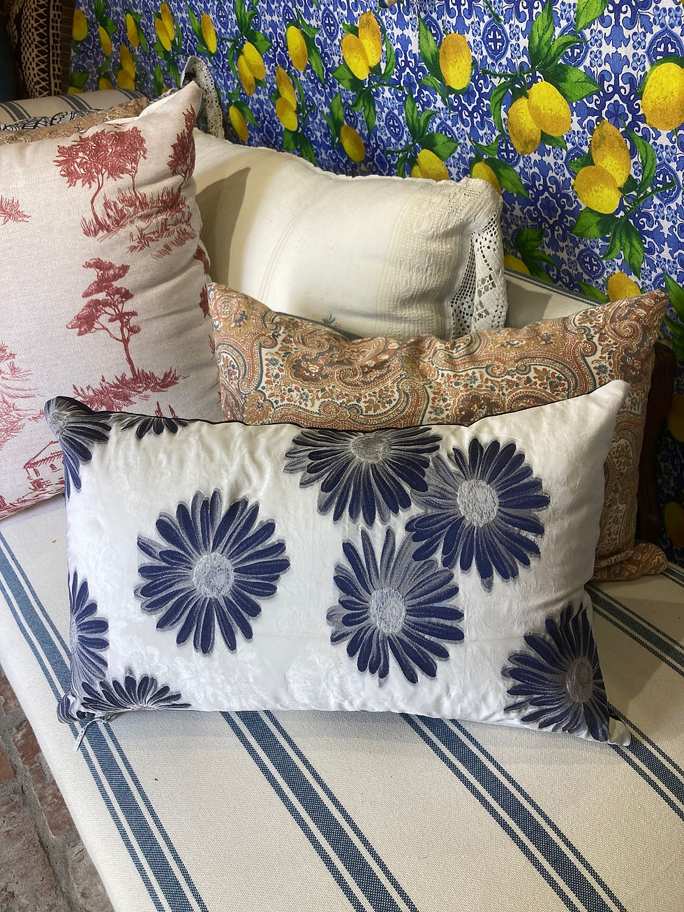 Thumbnail: ITALIAN BLUE & WHITE DAMASK LUMBAR CUSHION
