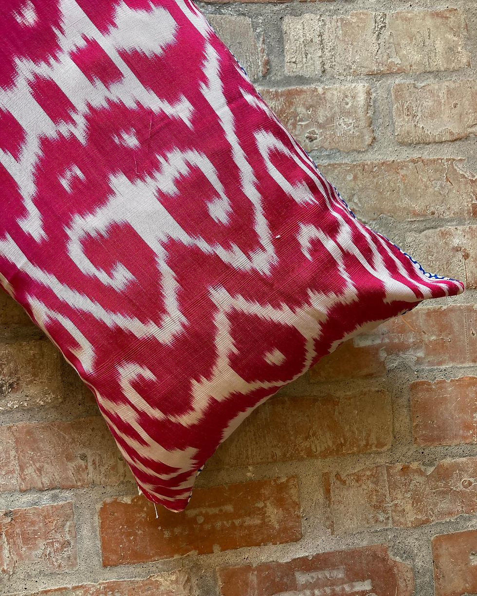 Thumbnail: EXTRA LONG HOT PINK & WHITE IKAT CUSHION