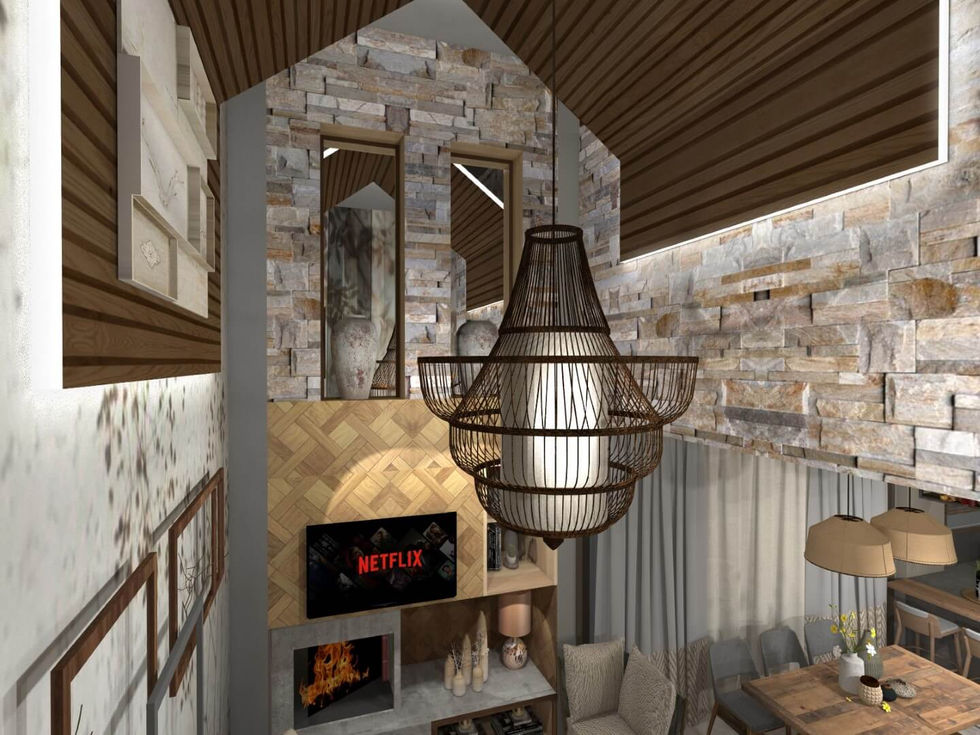 Interior view of living space featuring stone and wood textures, large decorative chandelier, and open loft-style layout.