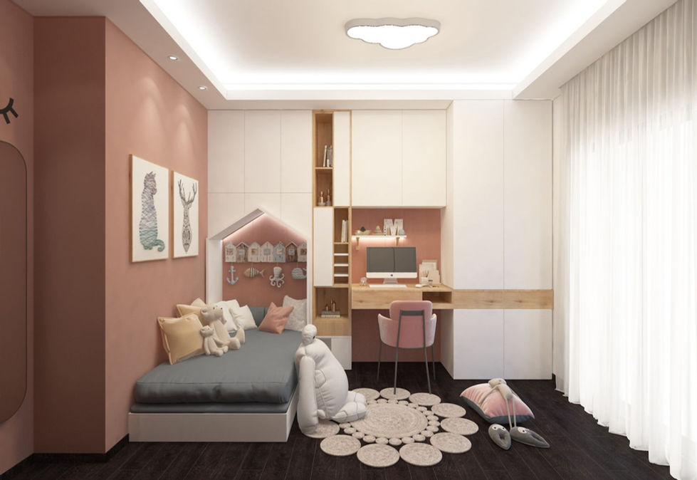 Children’s bedroom with cove lighting, playful ceiling fixture, pastel walls and integrated desk lighting.